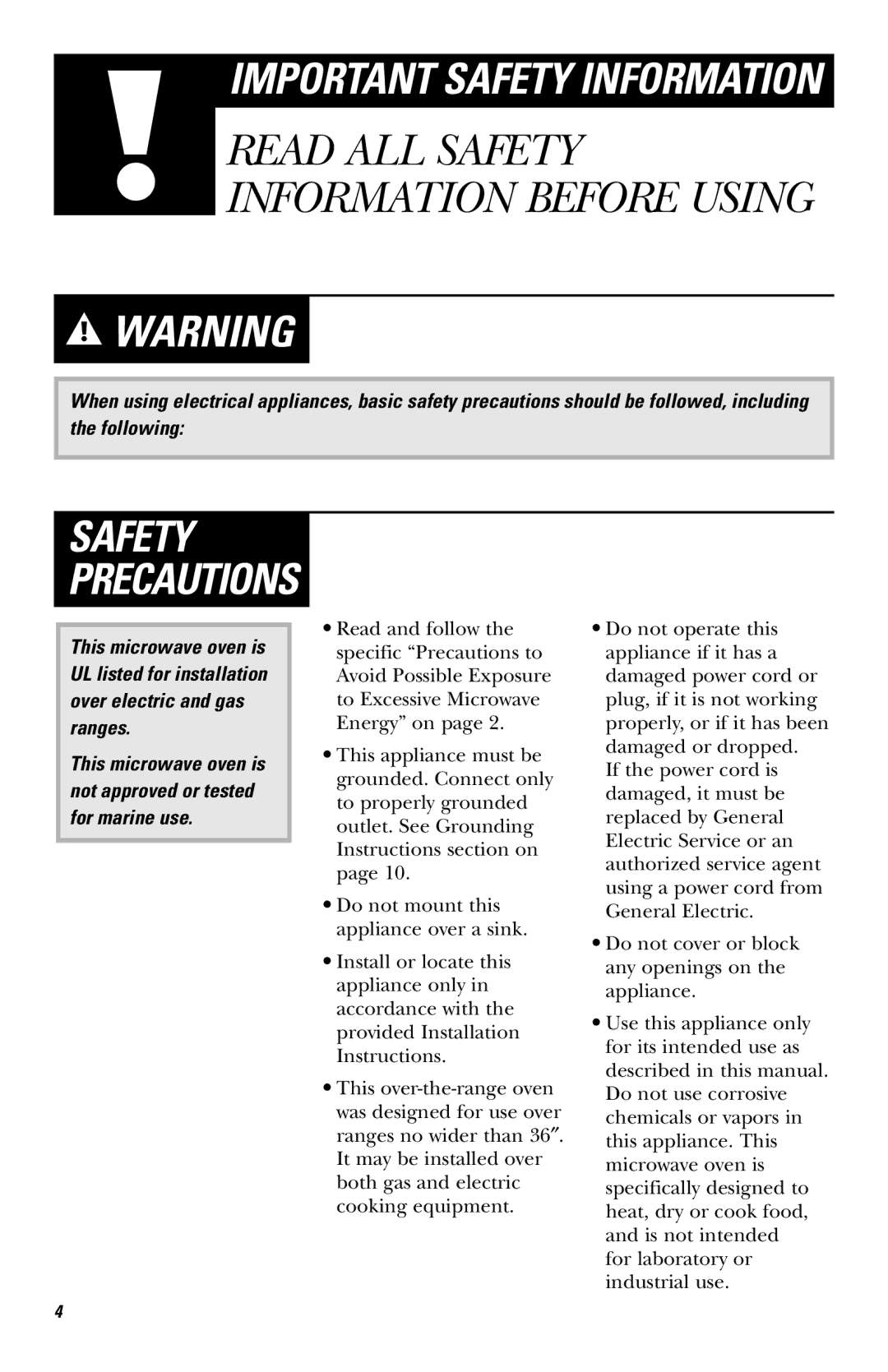 GE JVM1410, JVM142 owner manual Safety Precautions 