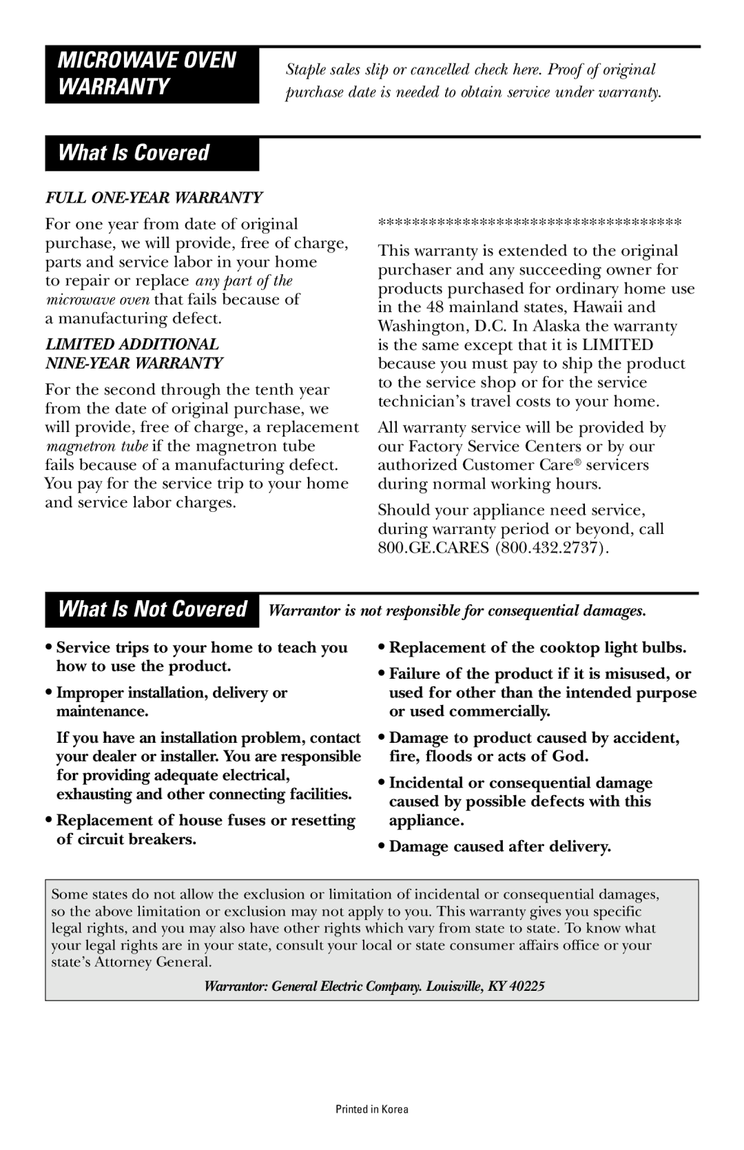 GE JVM1410, JVM142 owner manual What Is Covered, Microwave Oven Warranty 