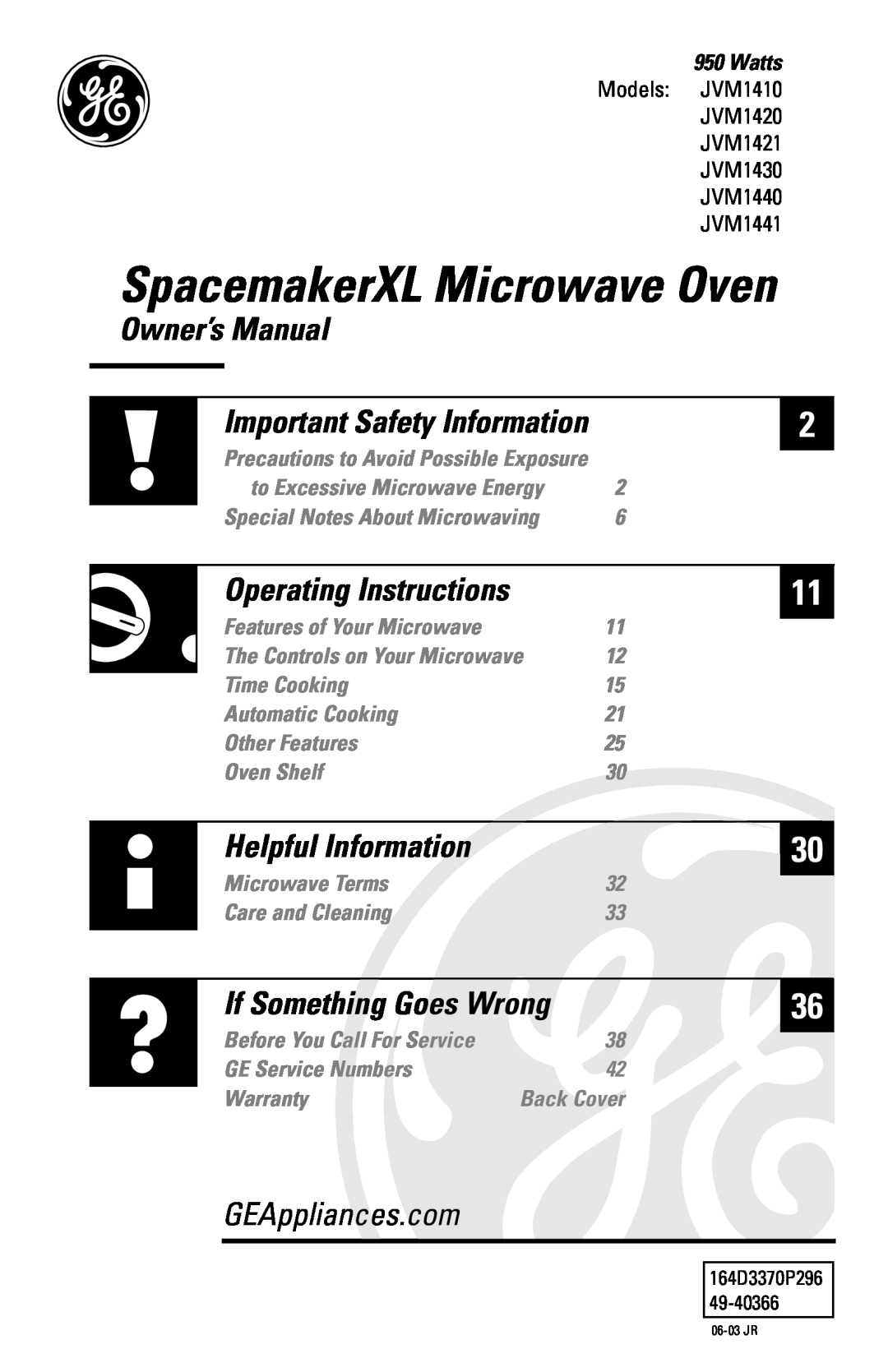 GE JVM142, JVM1410 owner manual Owner’s Manual, SpacemakerXL Microwave Oven, GEAppliances.com, Operating Instructions 