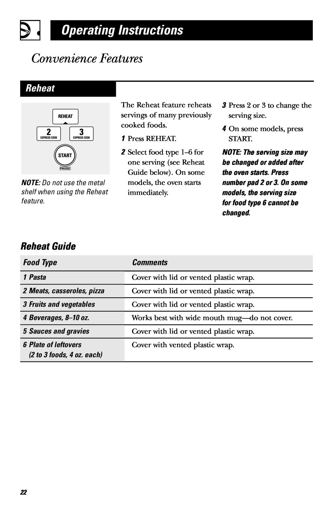 GE JVM1410 Reheat Guide, Food Type, Operating Instructions, Convenience Features, Comments, Pasta, Beverages, 8–10oz 