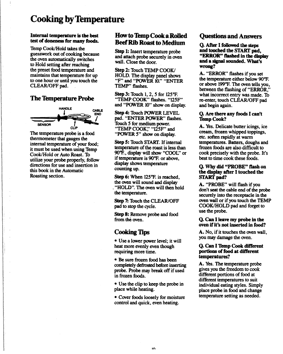 GE JVM141G manual Cooking by Temperature, C00khlgTIPS, Howto!IkmpCookaR&d Beef Rib ~O$tSt to Medium, Questionsand Answers 