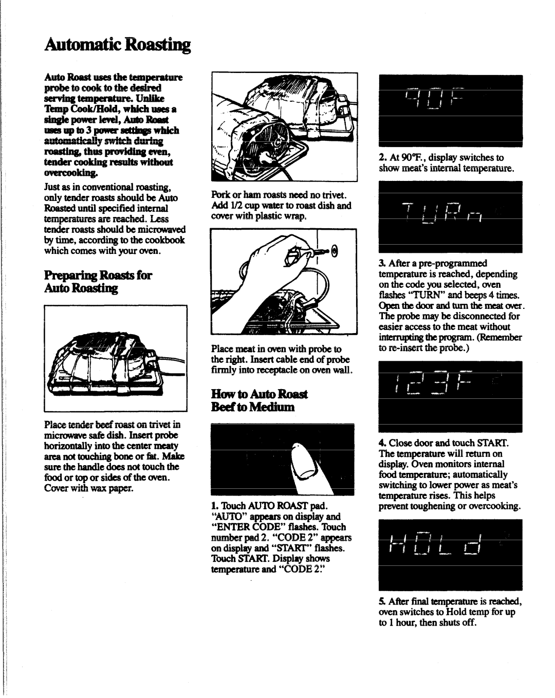 GE JVM141G manual Automatic Roasting, Auto hasting, HowtHDAutoRoast BeeftoMedium, ‘IbmpCot&/Hold,which rsscsa 