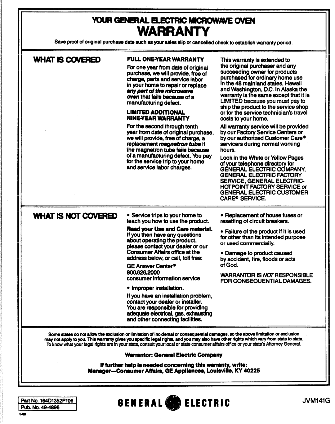GE JVM141G manual WWUWrhdpisrmdod concerning this warranty,write, Ihnqar~mer Aflkhq GEAppiiar’iC8e, imOUiSViii8, KY 