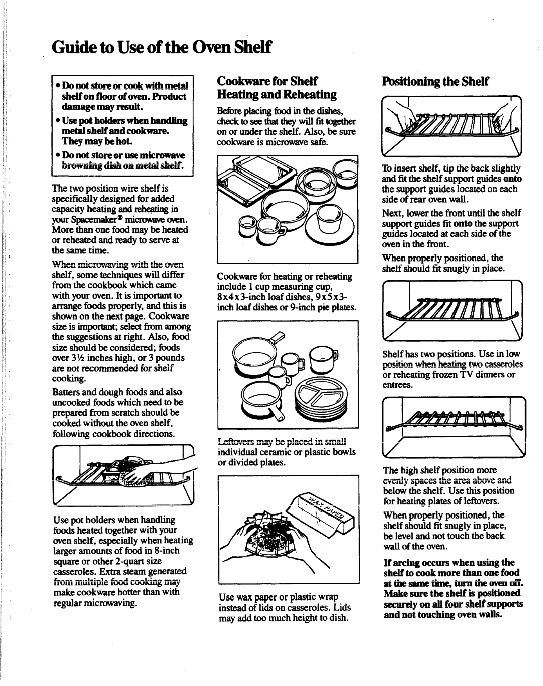 GE JVM141G manual Guide to Use of the Oven Shelf, Cookware for Shelf Heating and Reheating, Ibsitiming the Shelf 