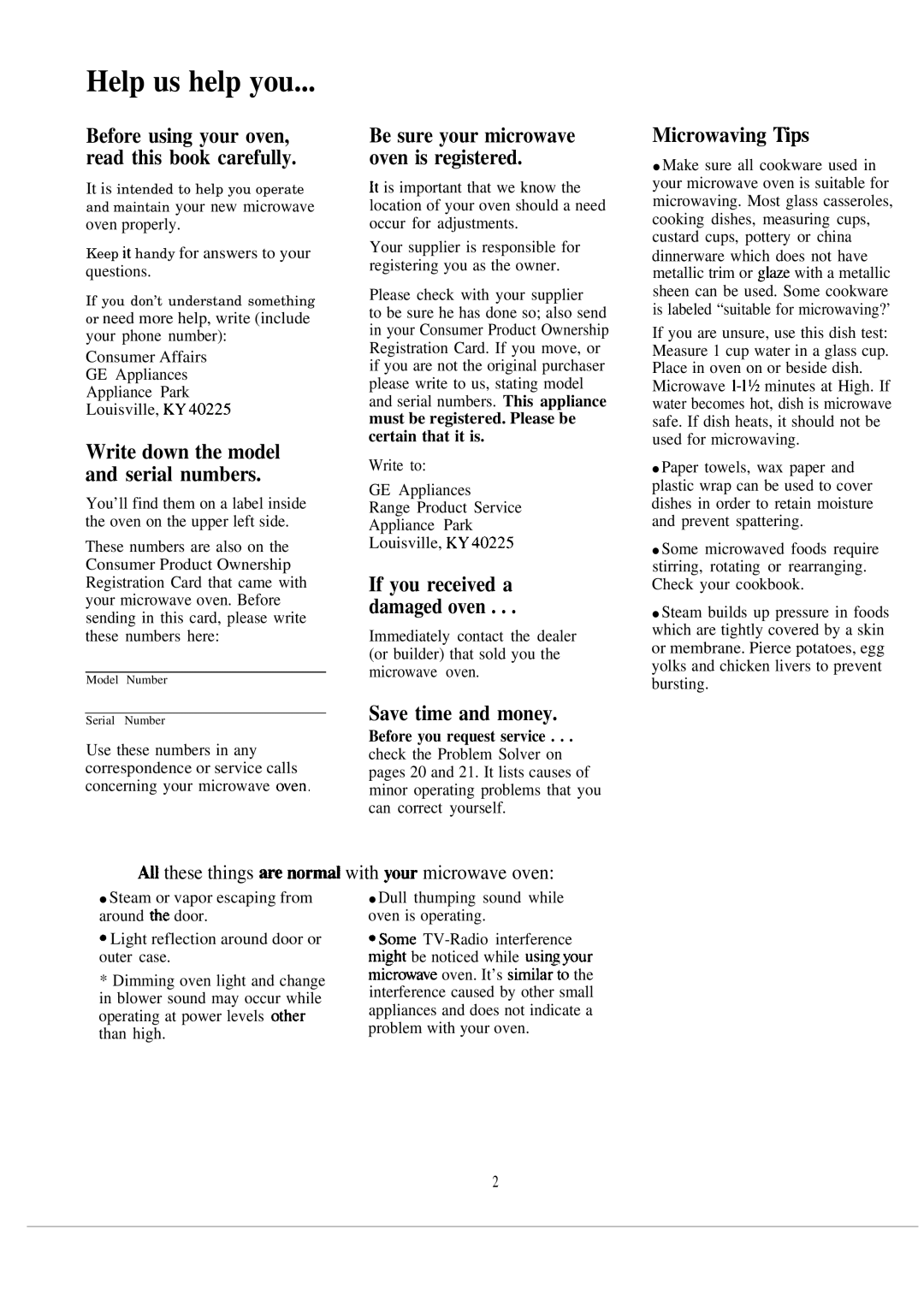 GE JVM141H warranty Help us help you, Save time and money, Microwaving ~ps 