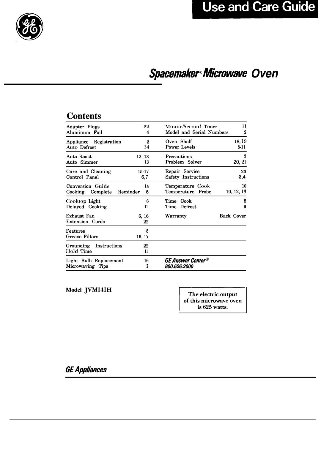 GE JVM141H warranty Contents, GEAppiances, Spacemaker@Micrwave Oven, GEAnswer Center@, 800.626.2000 