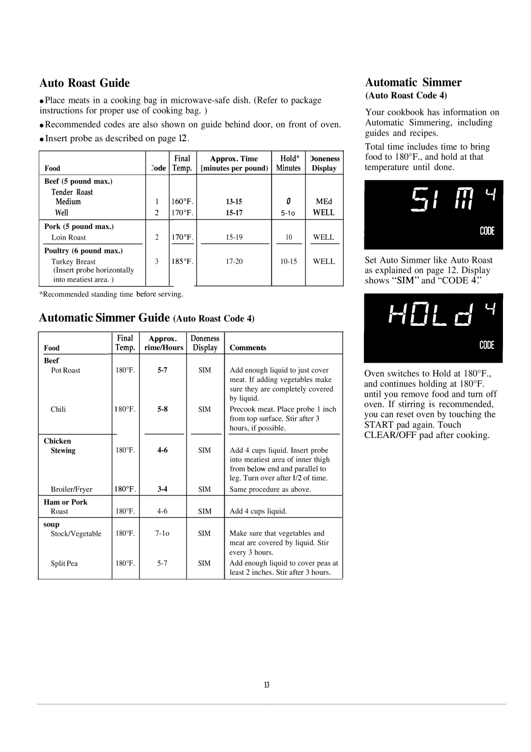 GE JVM141J warranty Auto Roast Guide, Automatic Simmer Guide Auto Roast Code 