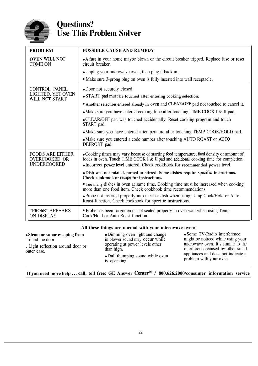 GE JVM141J warranty Questions? ~- Use This ~oblem Solver, All these things are normal with your microwave oven 