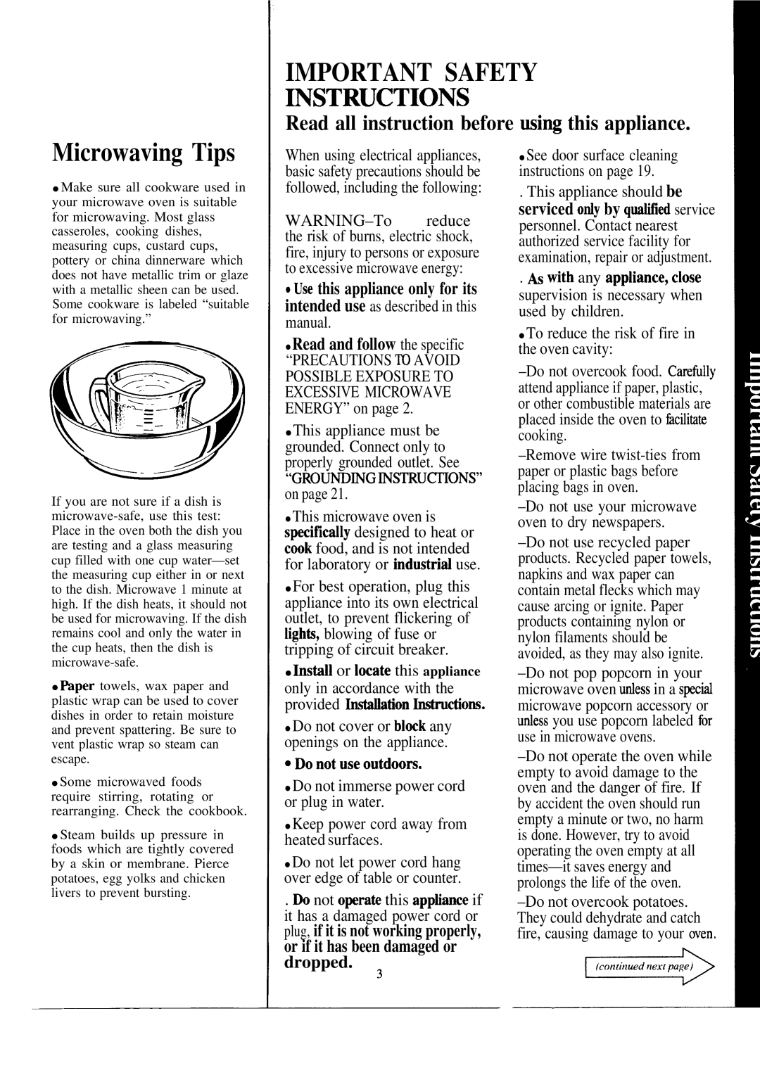 GE JVM141J warranty Microwaving Tips, Read and follow the specific, Install or locate this appliance 