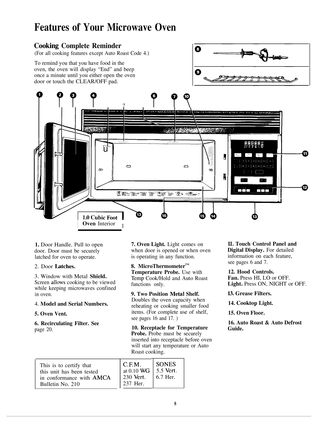 GE JVM141J warranty Features of Your Microwave Oven, Cooki~ Complete Reminder, Hood Controls 