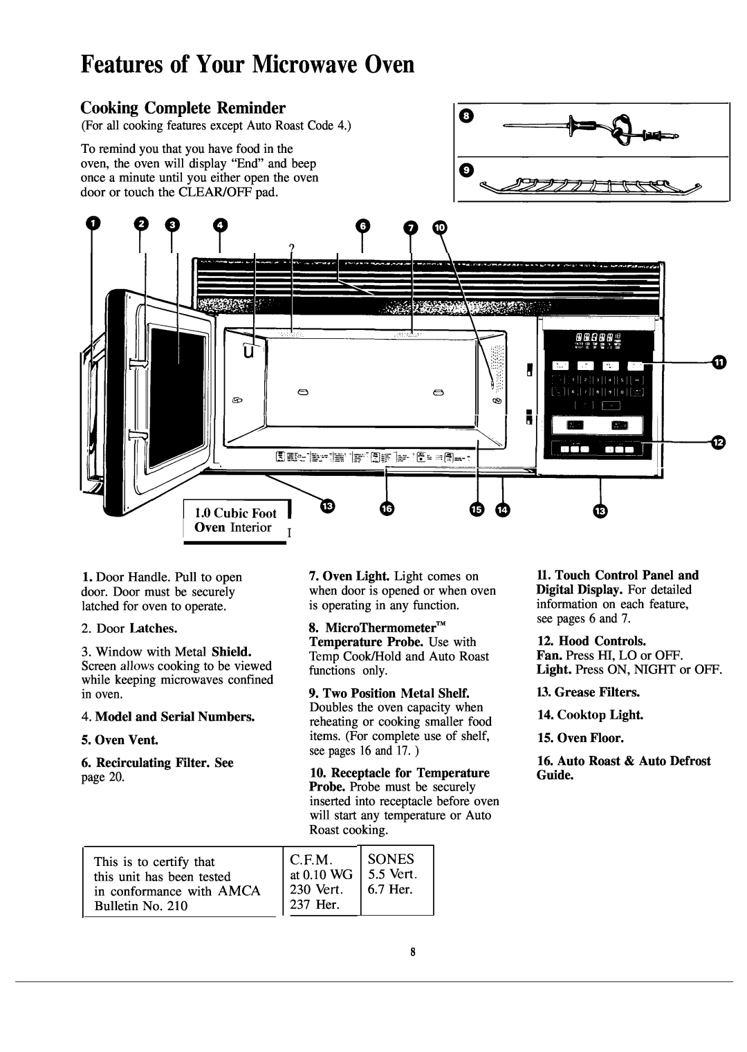 GE JVM141J warranty Features of Your Microwave Oven, Cooki~ Complete Reminder, Hood Controls, ~w, 7p 