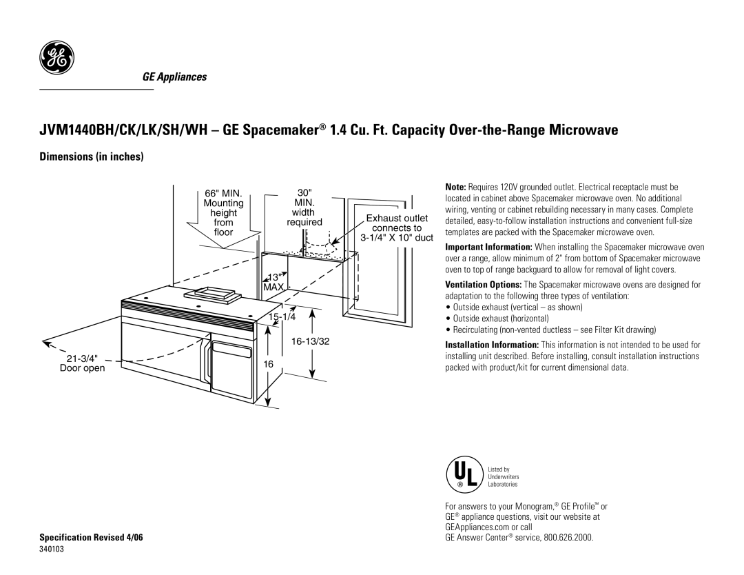 GE JVM1440BH, JVM1440CK, JVM1440WH, JVM1440SH, JVM1440LK dimensions Dimensions in inches, Min, Max 