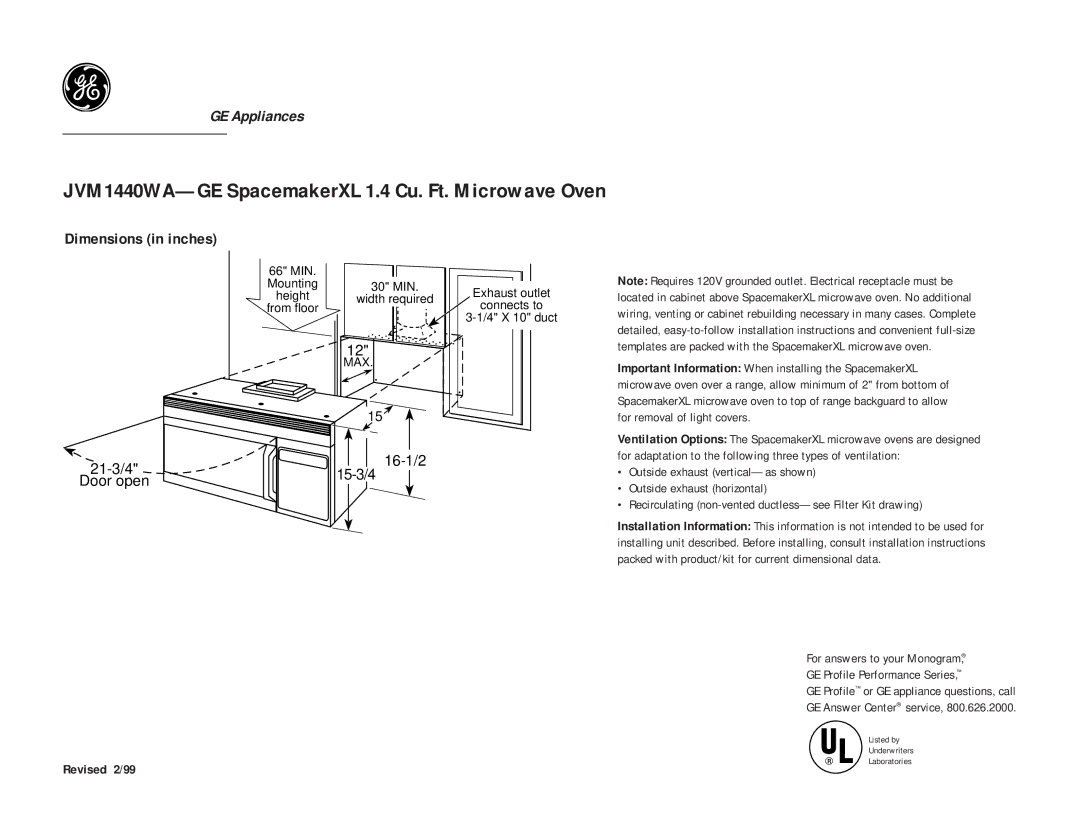 GE dimensions JVM1440WA-GE SpacemakerXL 1.4 Cu. Ft. Microwave Oven, Dimensions in inches 