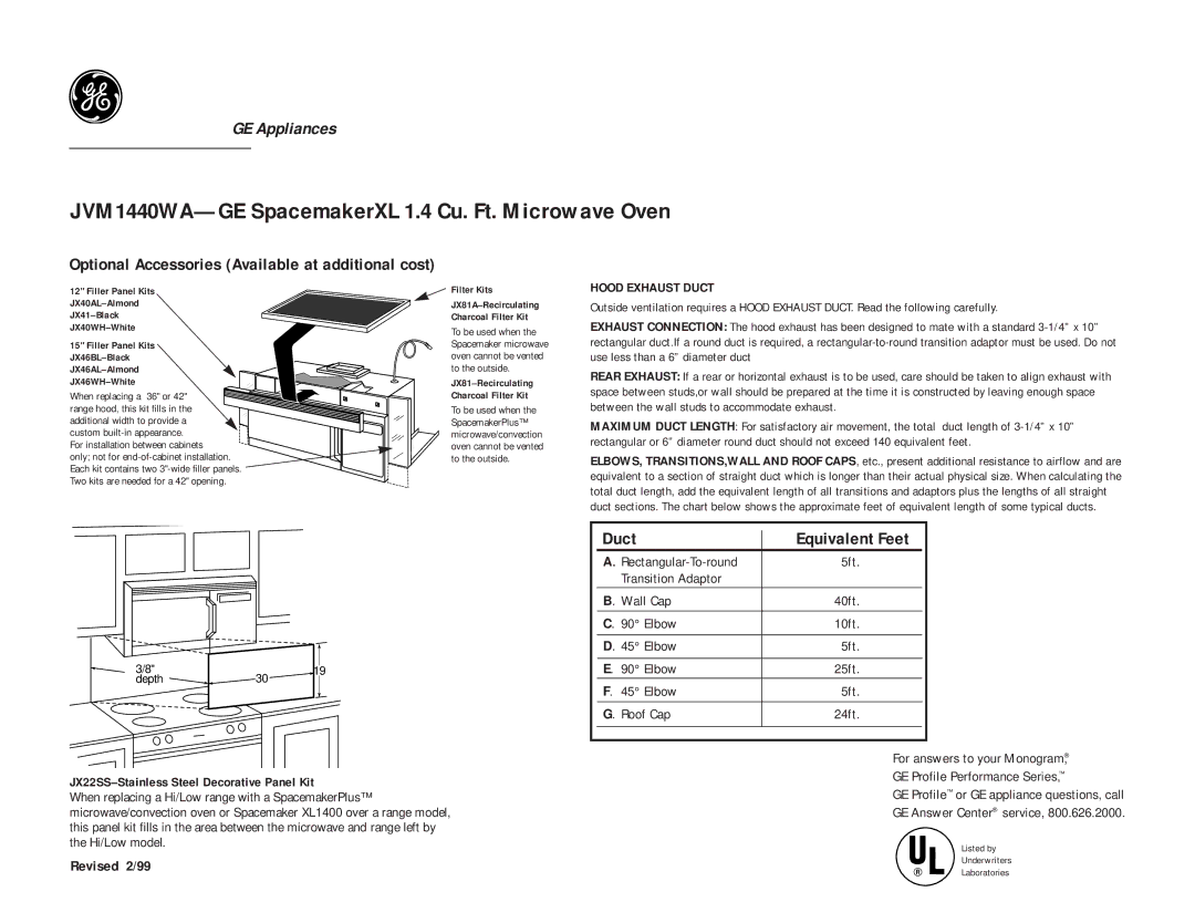 GE JVM1440WA dimensions Duct Equivalent Feet, Optional Accessories Available at additional cost 