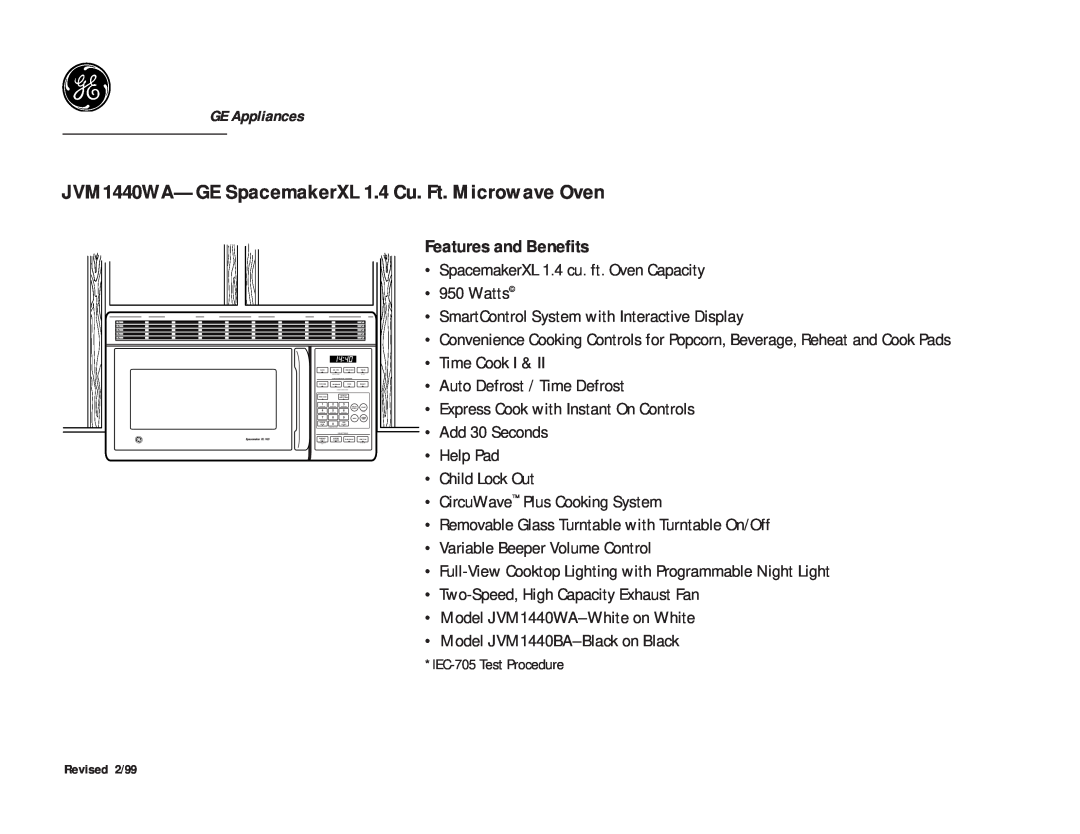 GE dimensions JVM1440WA-GE SpacemakerXL 1.4 Cu. Ft. Microwave Oven, Features and Benefits 