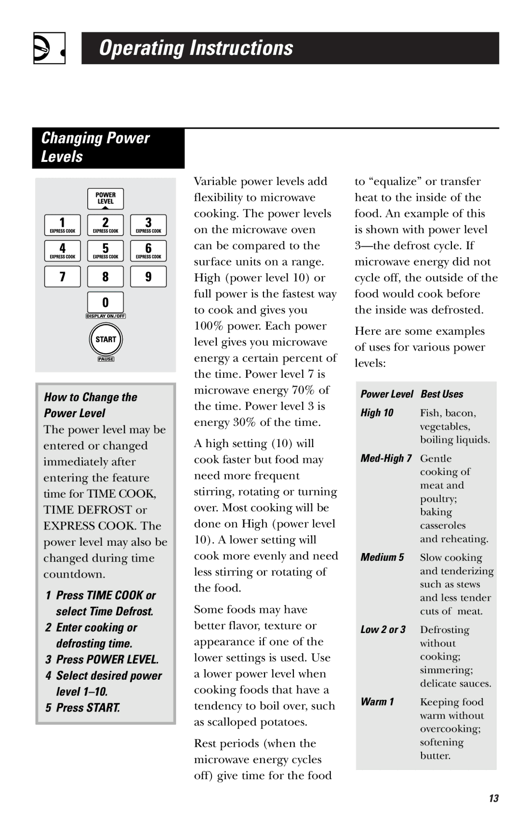 GE JVM1430 Changing Power Levels, How to Change Power Level, Press Power Level Select desired power level Press Start 