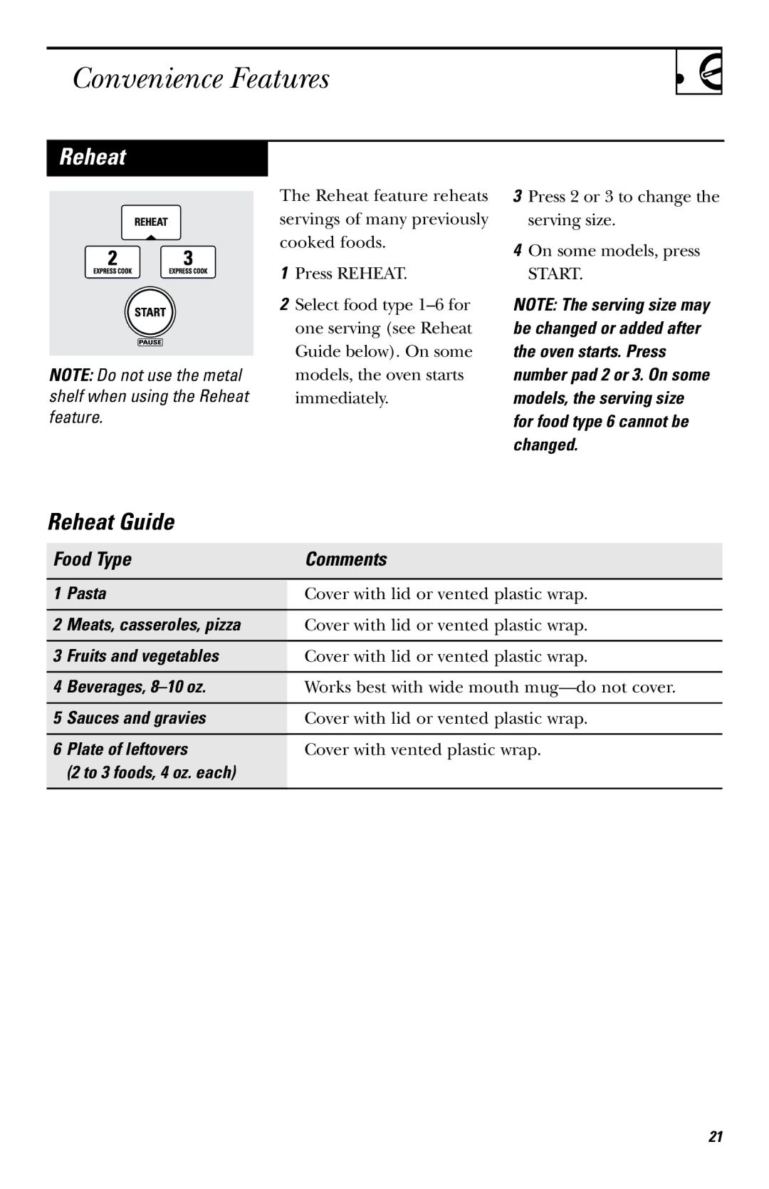 GE JVM1440WH, JVM1430, JVM1440BK owner manual Reheat, Food Type Comments 