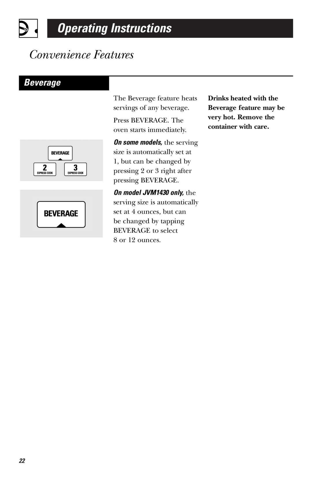 GE JVM1440WH, JVM1440BK owner manual Beverage, On some models, the serving, On model JVM1430 only 