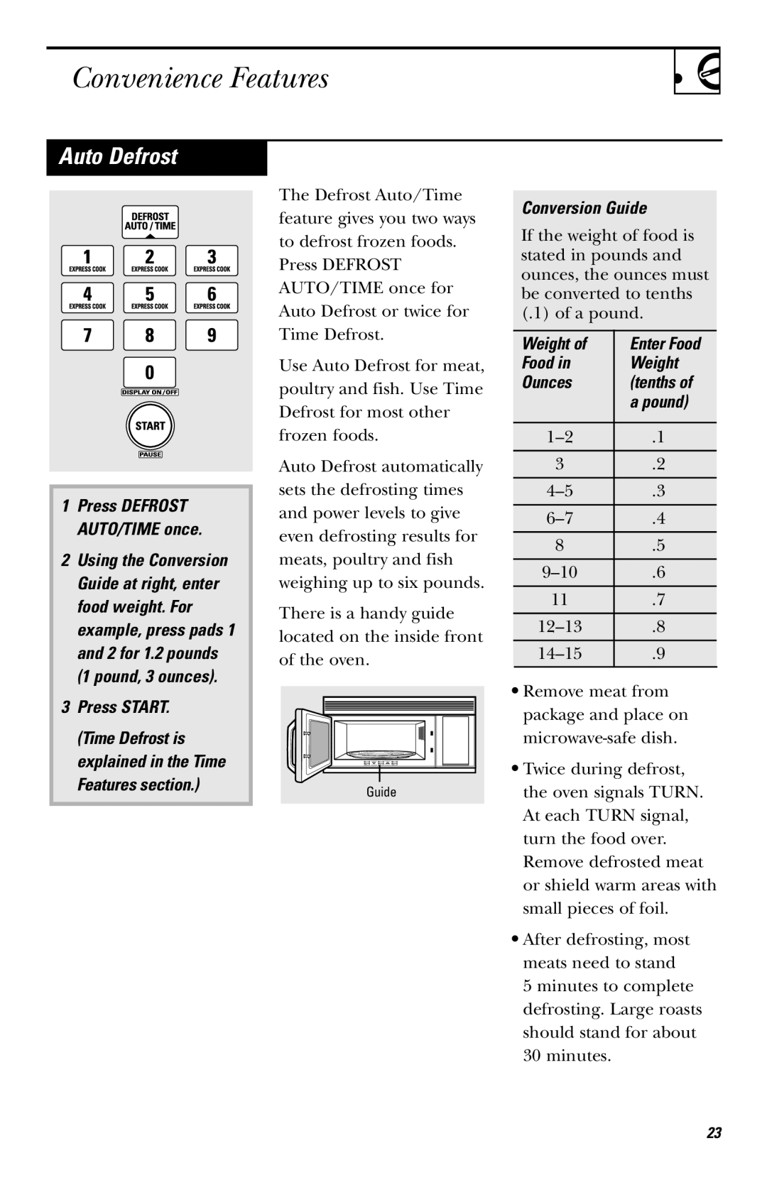 GE JVM1440BK, JVM1440WH, JVM1430 owner manual Auto Defrost, Conversion Guide, Food Weight Ounces Tenths Pound 