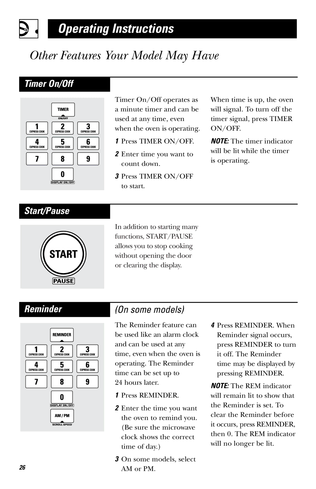 GE JVM1440BK, JVM1440WH, JVM1430 owner manual Timer On/Off, Start/Pause 