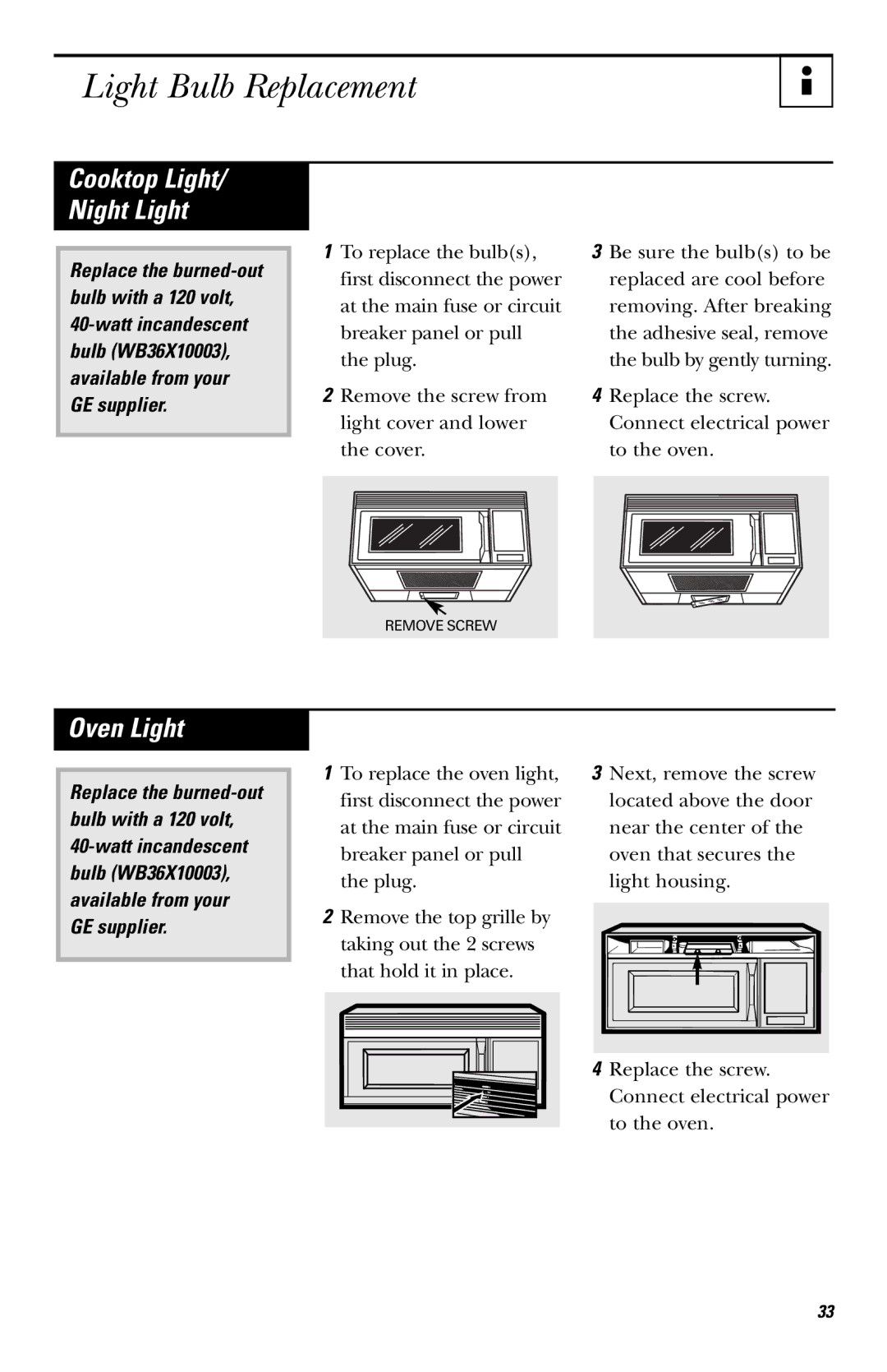 GE JVM1440WH, JVM1430, JVM1440BK owner manual Light Bulb Replacement, Oven Light 