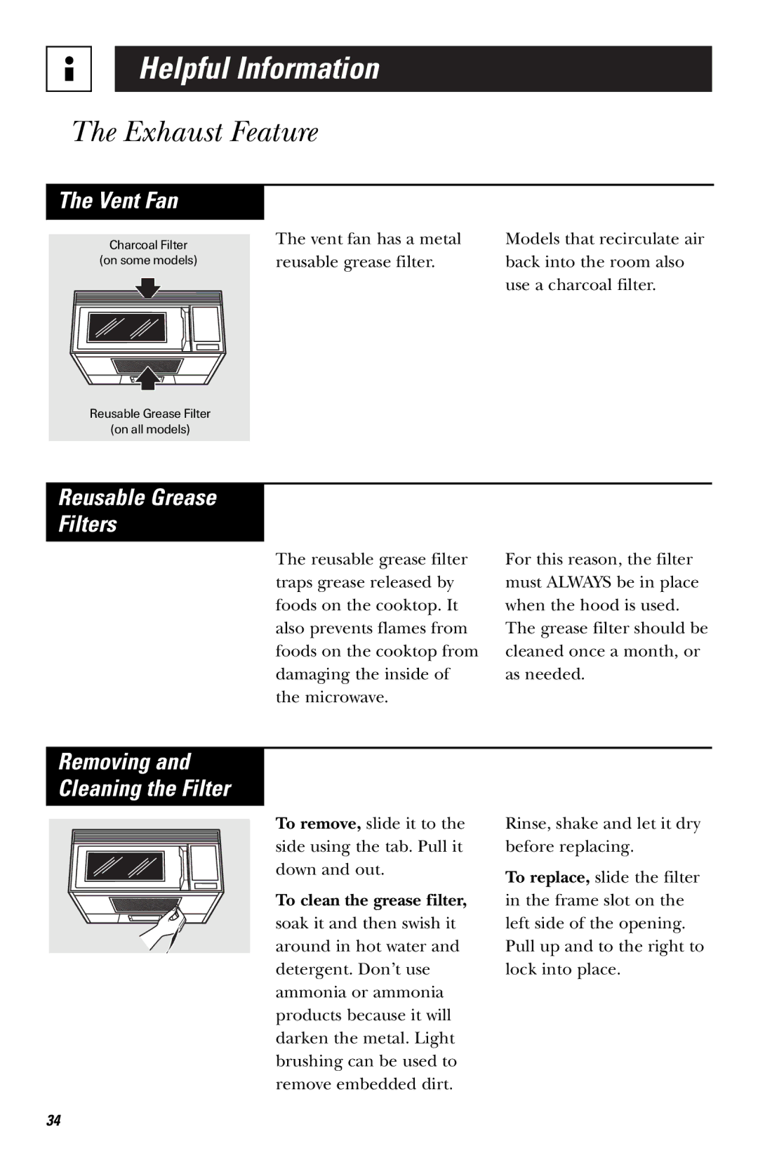 GE JVM1430, JVM1440WH, JVM1440BK owner manual Exhaust Feature, Reusable Grease Filters, Removing Cleaning the Filter 