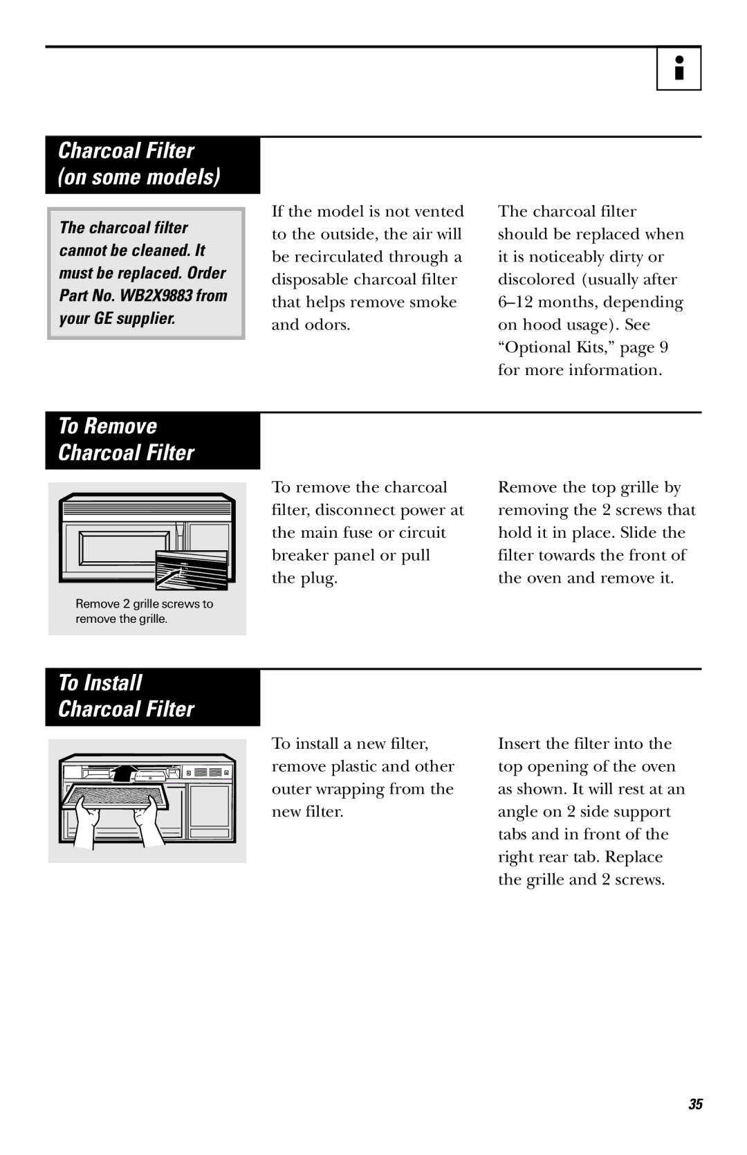 GE JVM1440BK, JVM1440WH, JVM1430 owner manual To Remove Charcoal Filter, To Install Charcoal Filter 