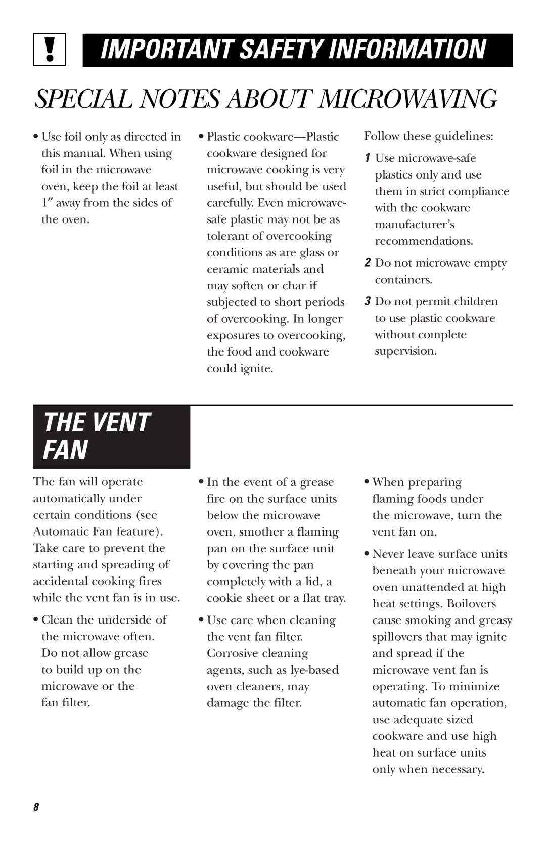 GE JVM1440BK, JVM1440WH, JVM1430 owner manual Vent FAN 