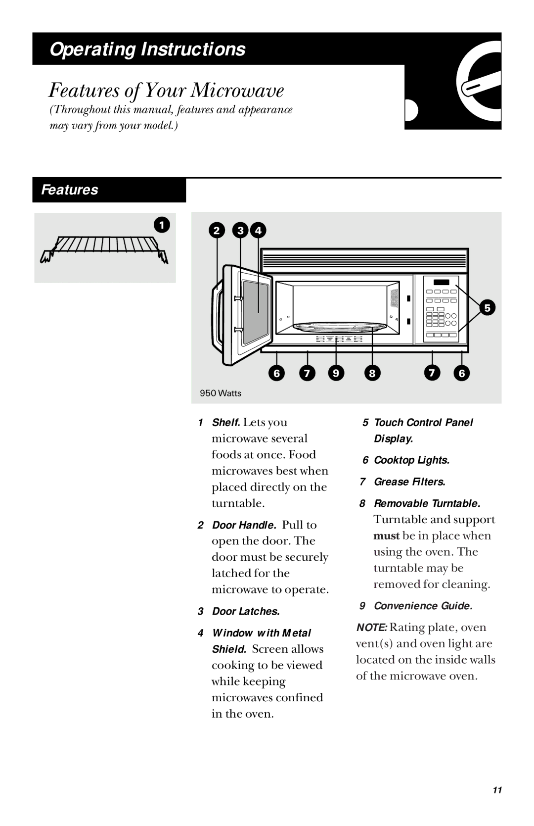 GE JVM1442 owner manual Operating Instructions, Features of Your Microwave, Convenience Guide 