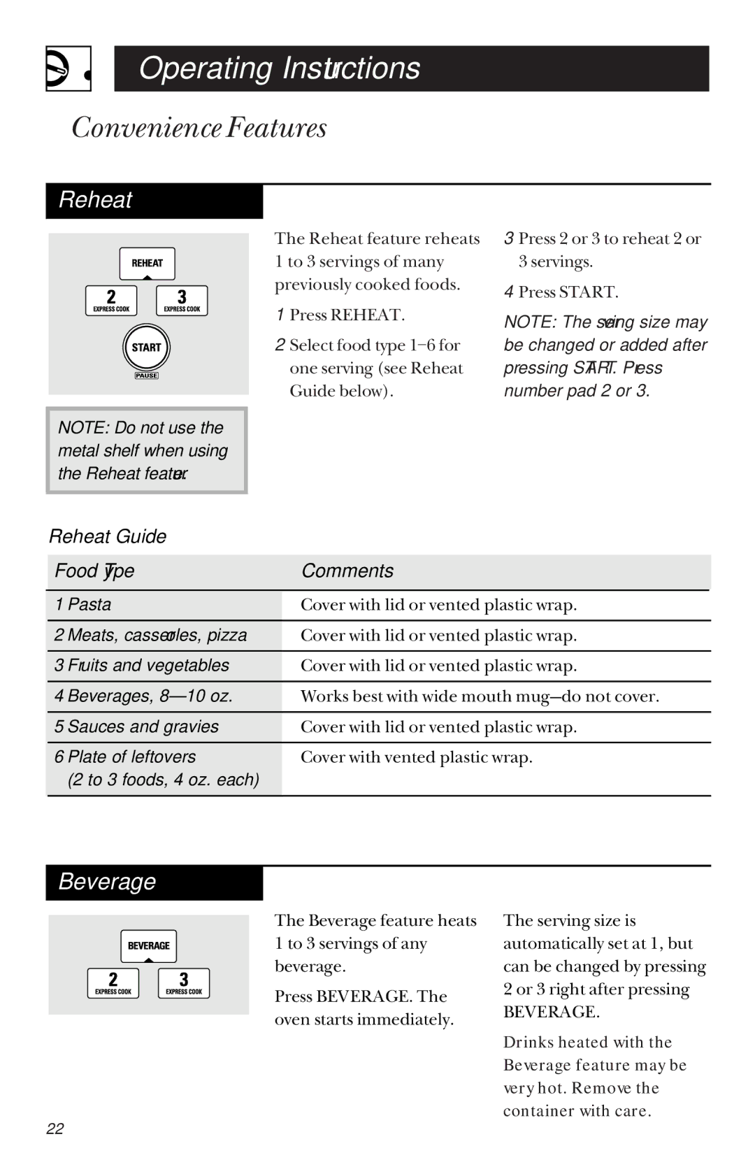 GE JVM1442 owner manual Reheat, Beverage 