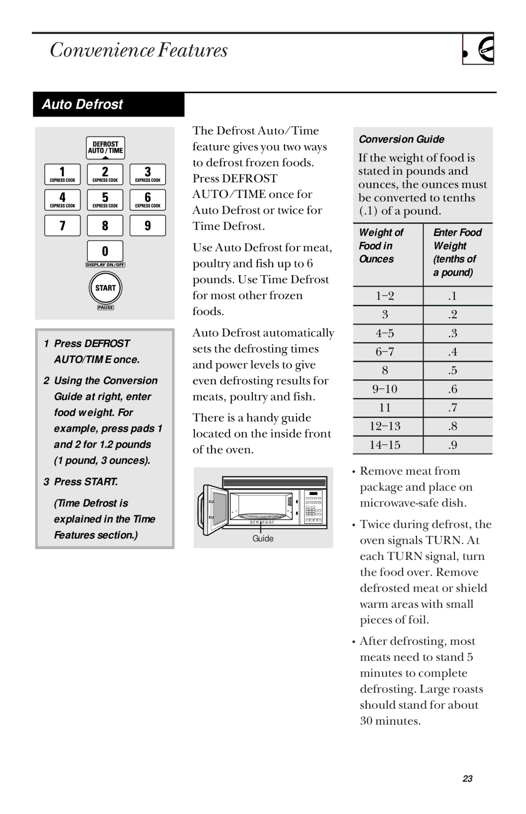 GE JVM1442 owner manual Auto Defrost, Conversion Guide, Food Weight Ounces Tenths Pound 