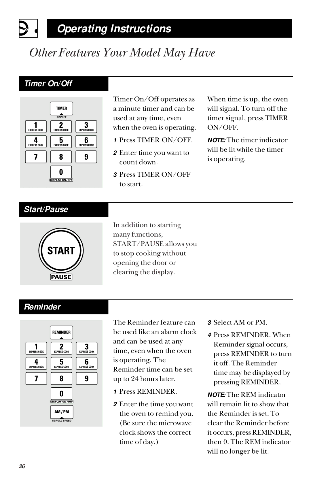 GE JVM1442 owner manual Timer On/Off, Start/Pause 