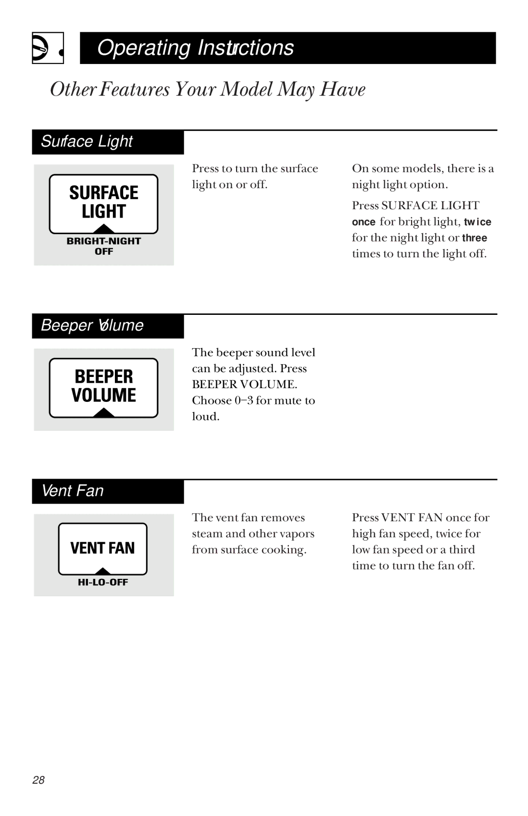 GE JVM1442 owner manual Surface Light, Beeper Volume, Vent Fan 