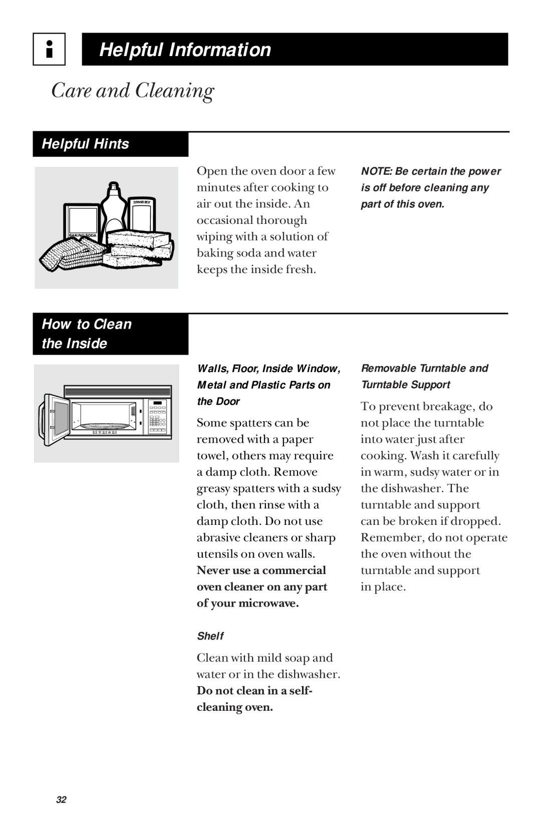 GE JVM1442 Care and Cleaning, Helpful Hints, Walls, Floor, Inside Window Metal and Plastic Parts on Door, Shelf 