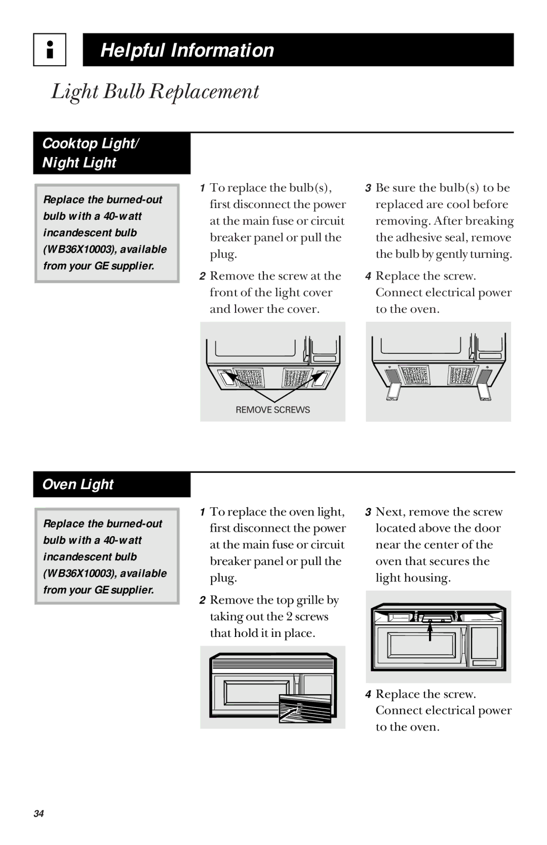 GE JVM1442 owner manual Light Bulb Replacement, Oven Light 