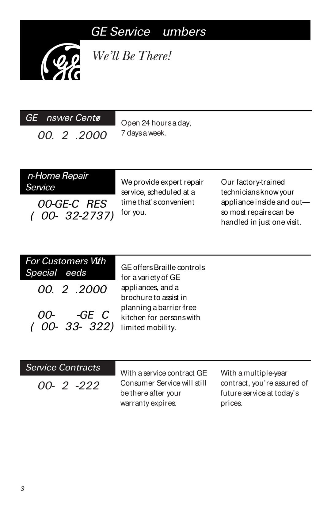 GE JVM1442 owner manual GE Service Numbers, We’ll Be There, Service Contracts 