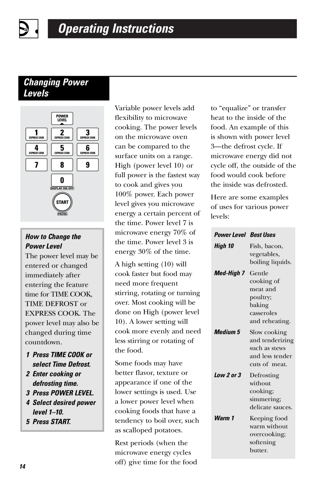 GE JVM1443 Changing Power Levels, How to Change Power Level, Press Power Level Select desired power level Press Start 