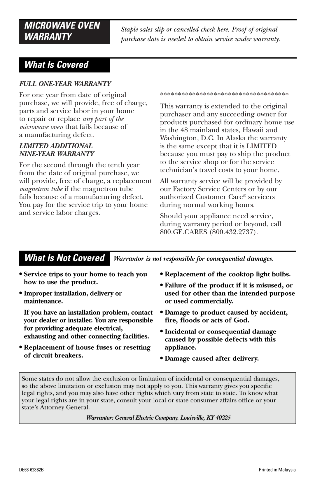 GE JVM1410, JVM1443, JVM1441, JVM1420, JVM1440, JVM1421, JVM1430 owner manual What Is Covered, Microwave Oven Warranty 