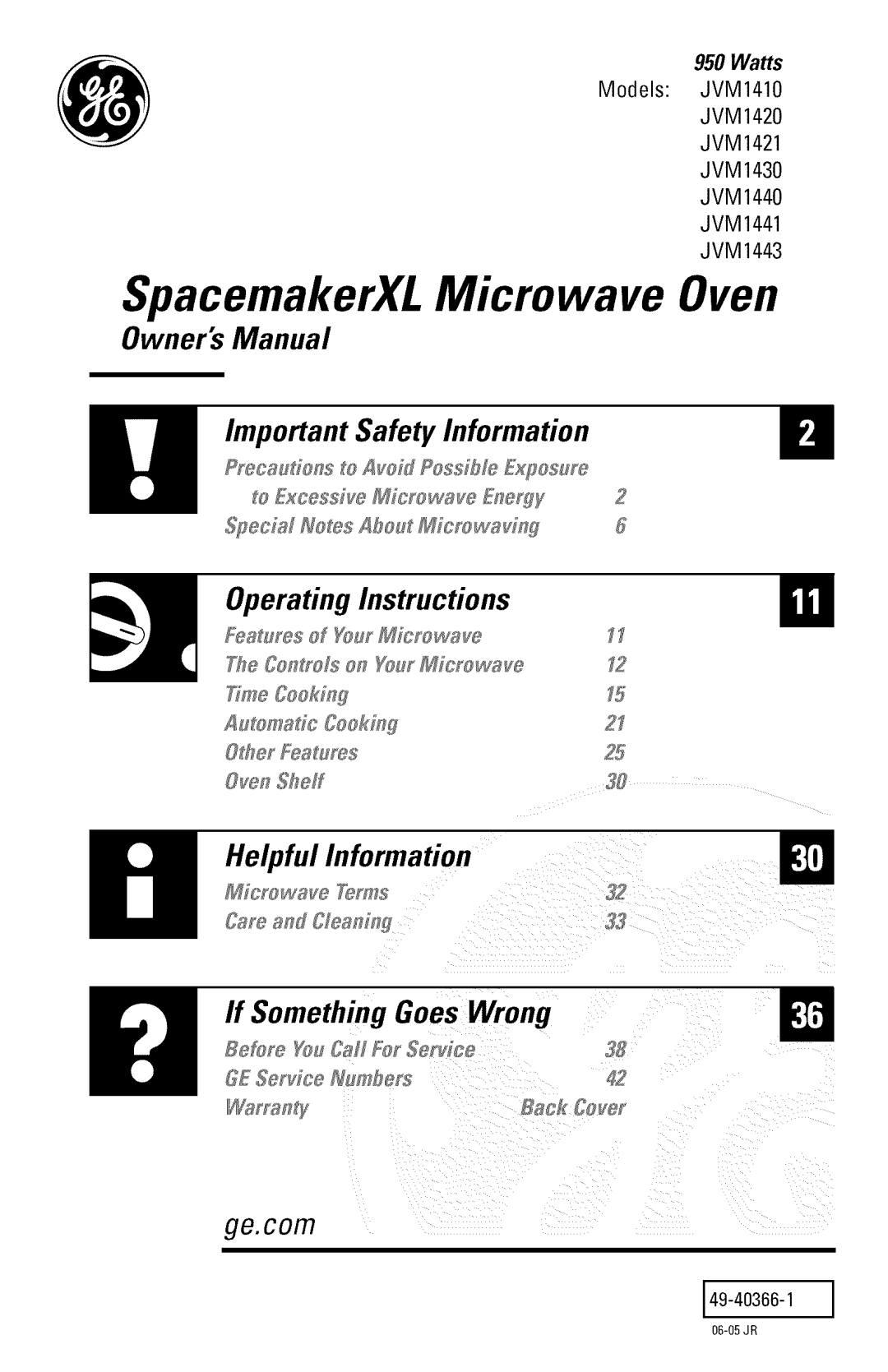 GE JVM1441, JVM1443, JVM1410, JVM1420, JVM1440, JVM1421, JVM1430 owner manual SpacemakerXL Microwave Oven 