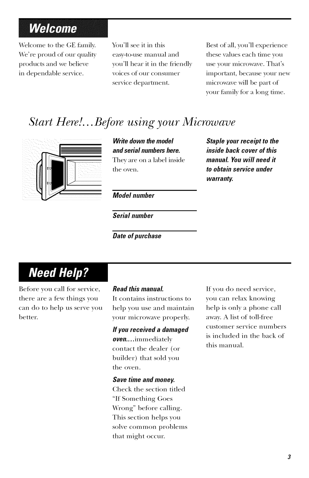 GE JVM1440, JVM1443, JVM1441, JVM1420, JVM1421 Start Here!... Before using your Microwave, They are on a lahel inside the ovn 