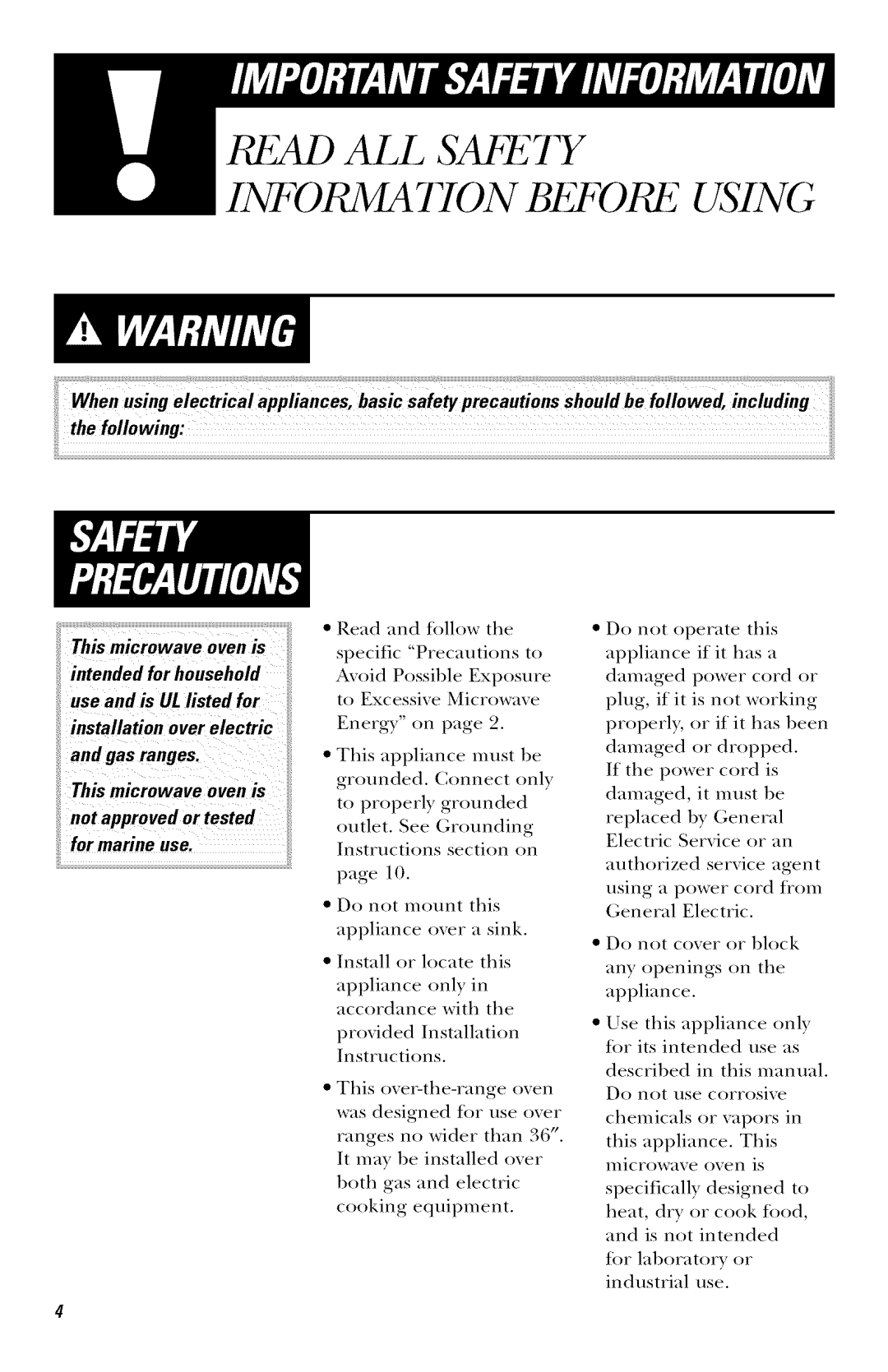 GE JVM1421, JVM1443, JVM1441, JVM1420 Use and is ULlisted for, Not approved or tested for marine use, General Electric 