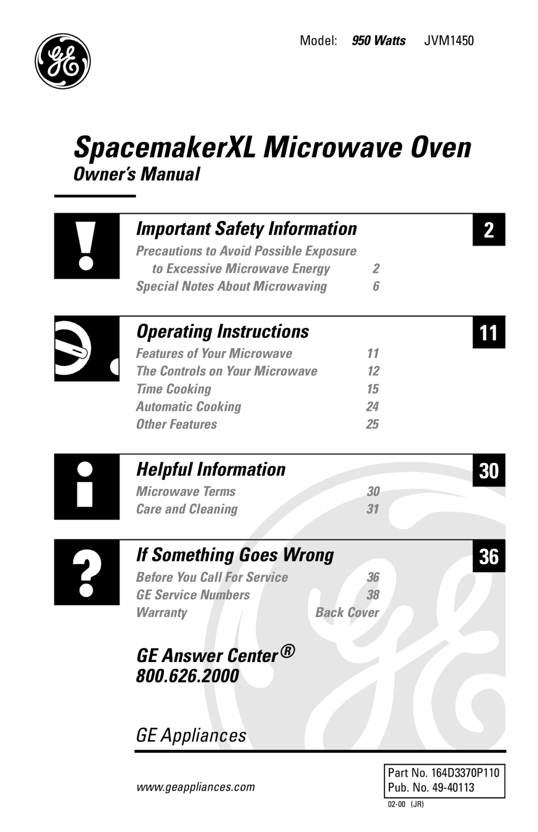 GE JVM1450 2 owner manual SpacemakerXL Microwave Oven 