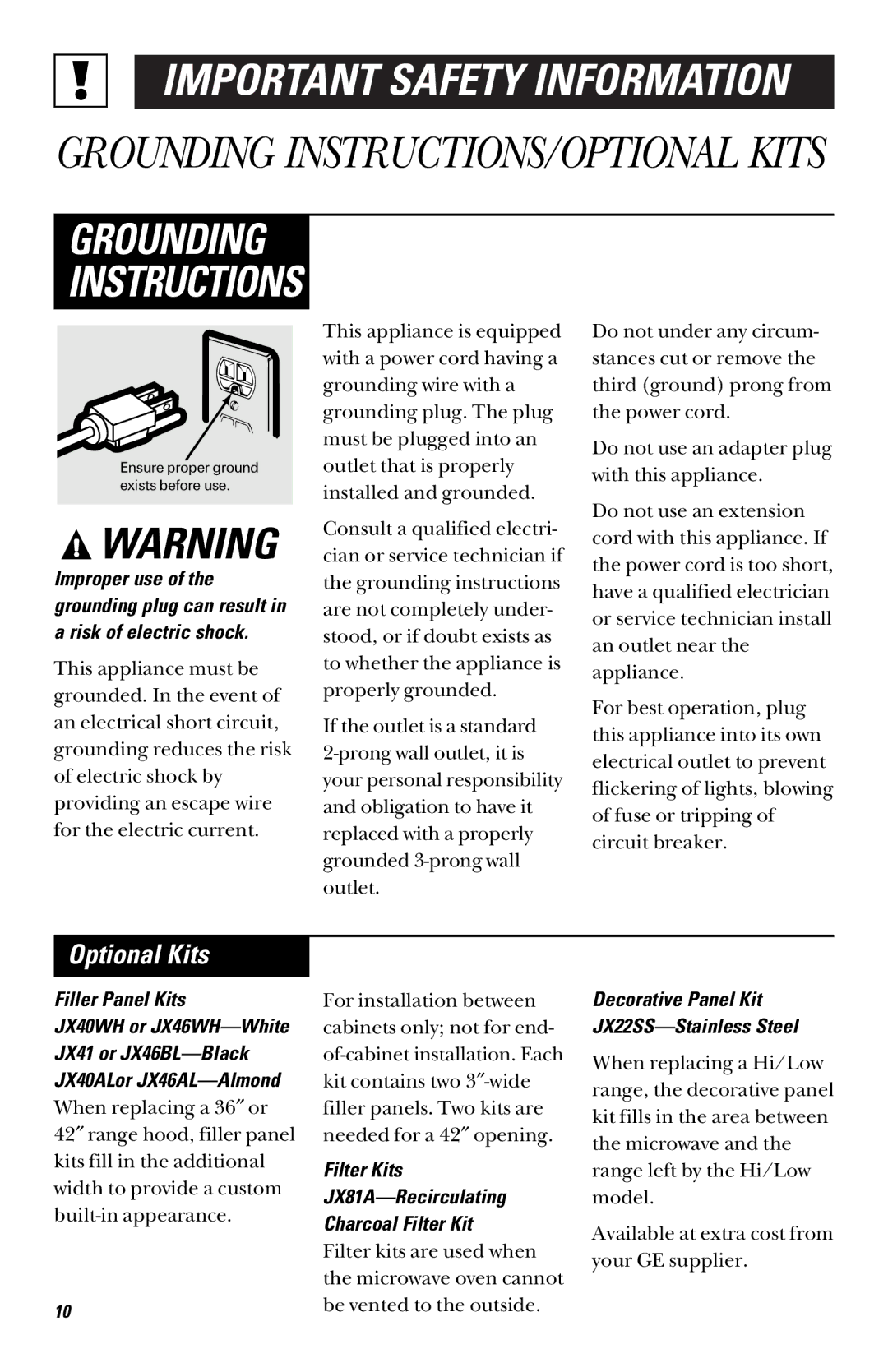 GE JVM1450 2 owner manual Optional Kits, Filler Panel Kits, Filter Kits JX81A-Recirculating Charcoal Filter Kit 