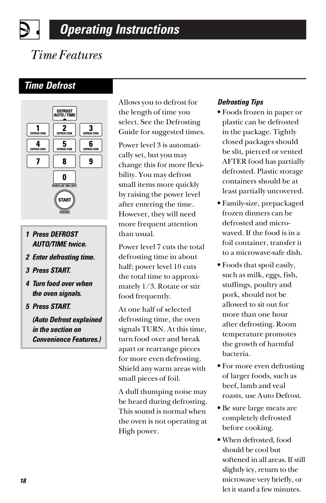 GE JVM1450 2 owner manual Time Defrost, Enter defrosting time Press Start, Defrosting Tips 