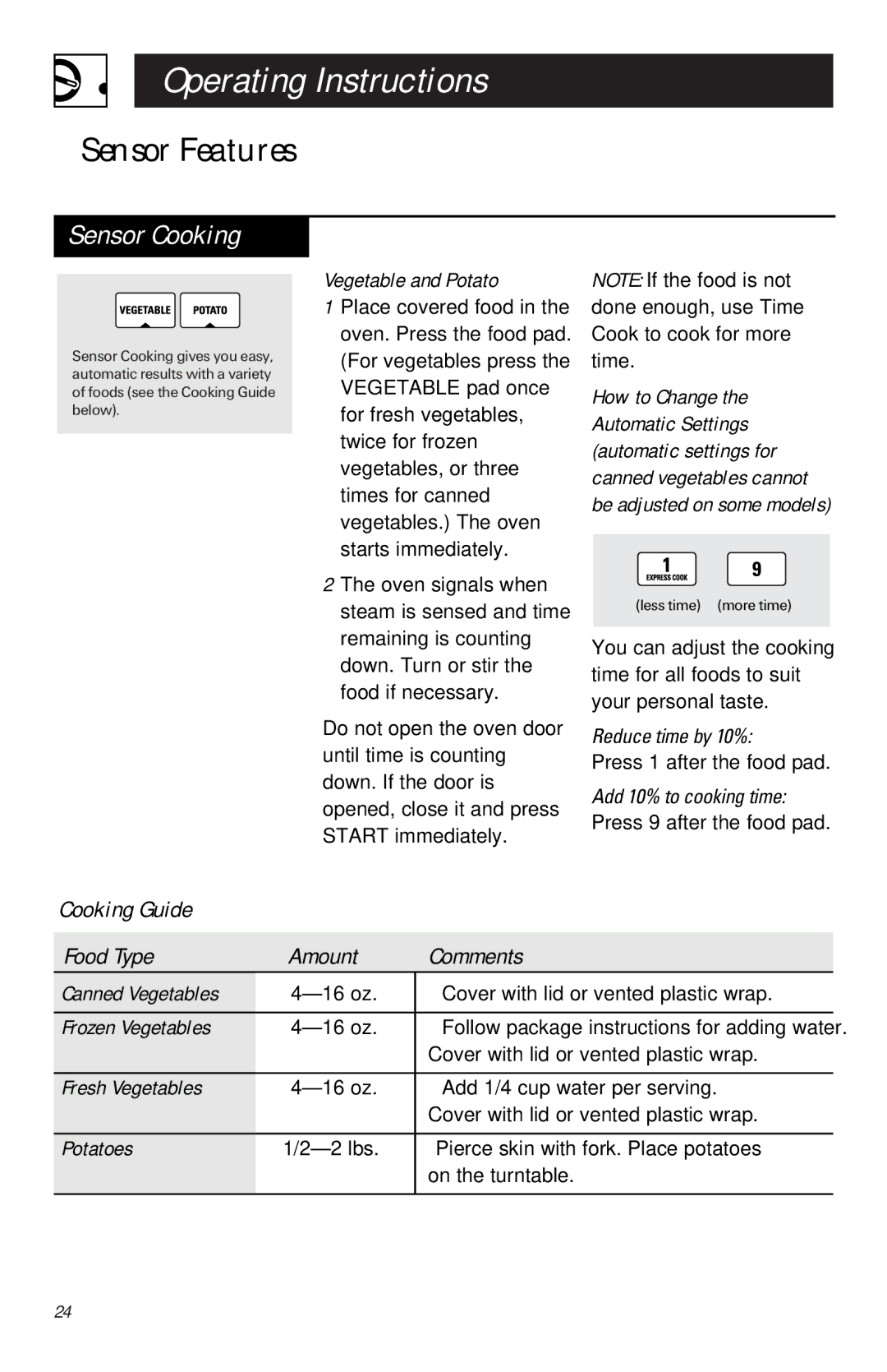 GE JVM1450 2 owner manual Sensor Cooking, Vegetable and Potato, Canned Vegetables, Frozen Vegetables, Fresh Vegetables 