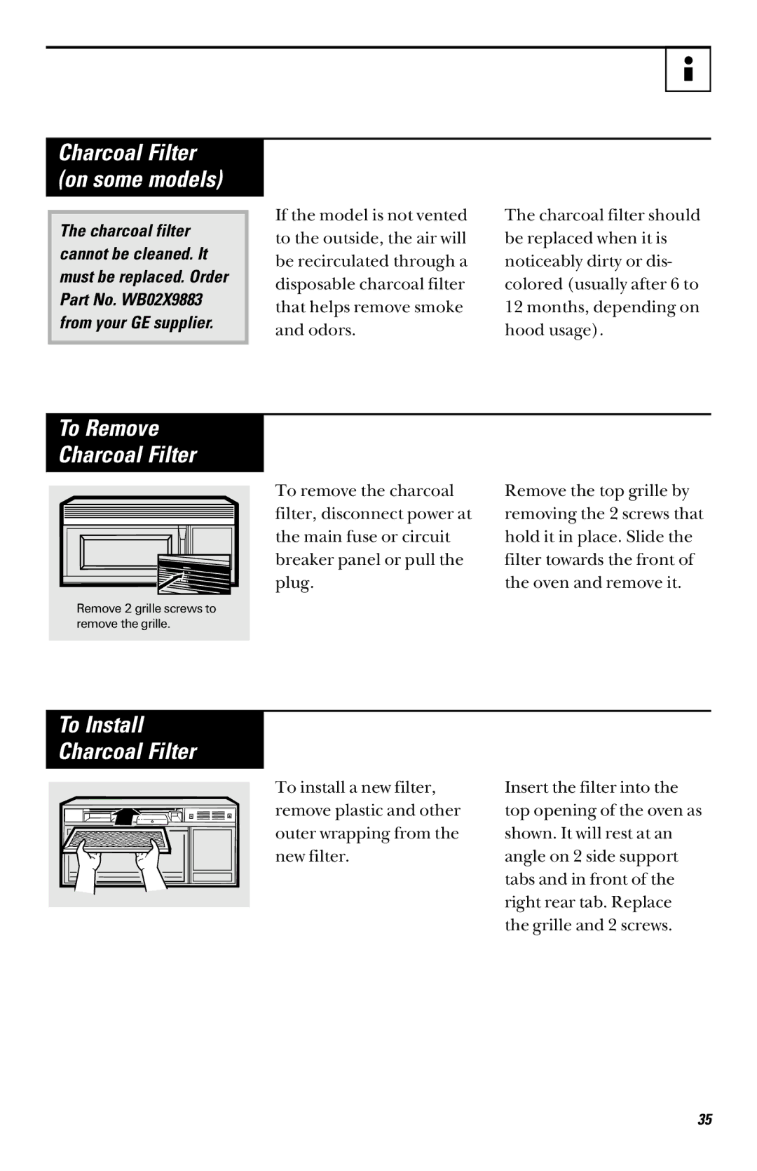 GE JVM1450 2 owner manual To Install Charcoal Filter, Charcoal Filter on some models 