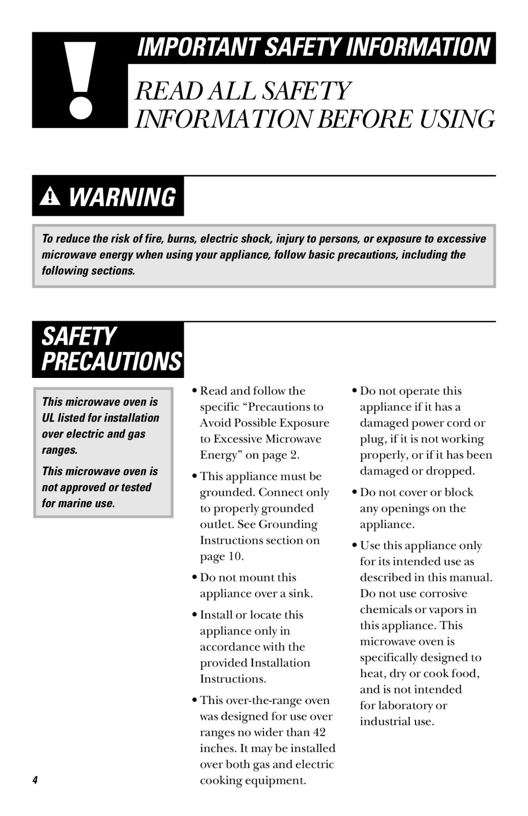 GE JVM1450 2 owner manual Safety Precautions 