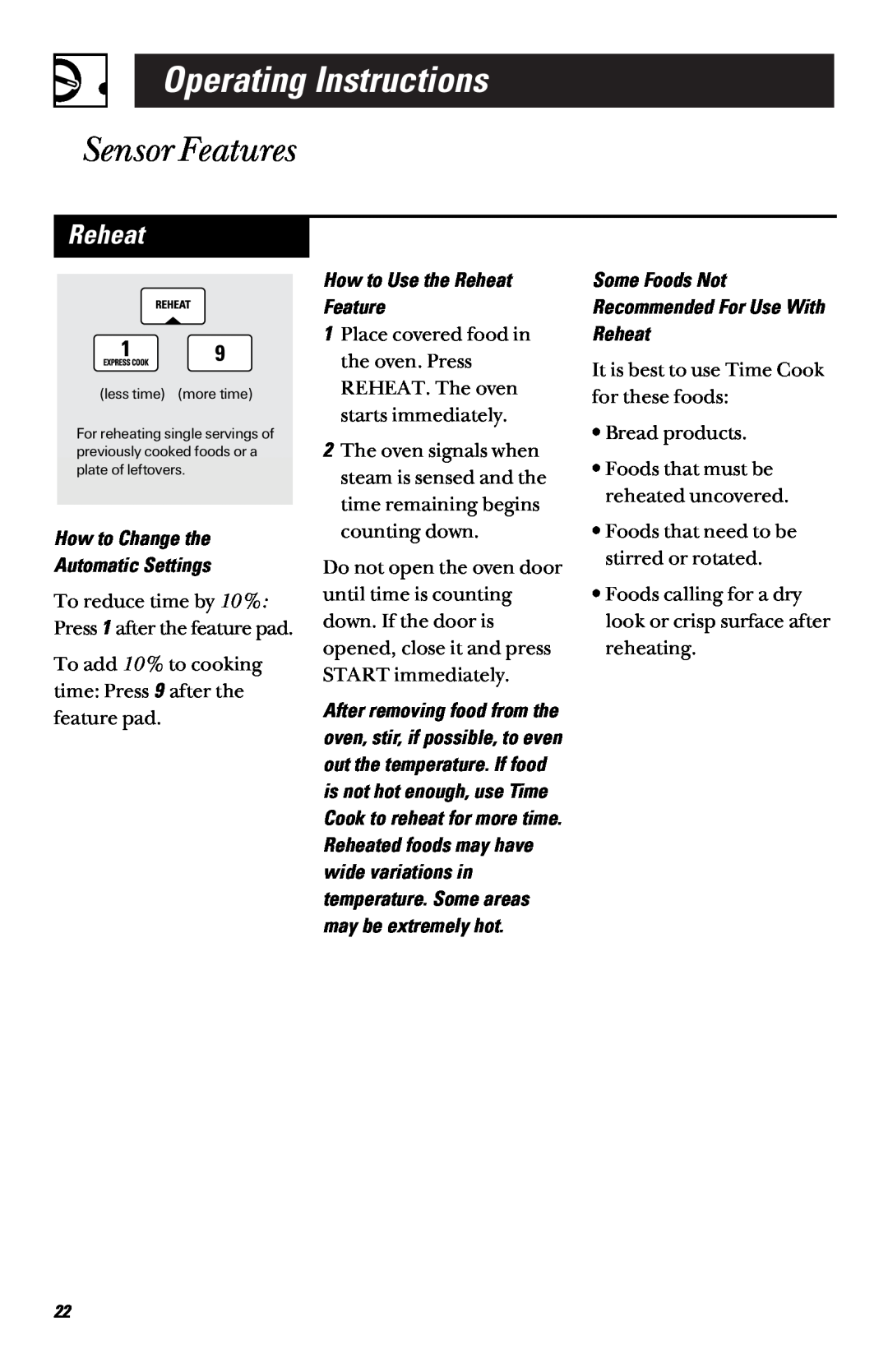 GE JVM1450 2 owner manual Sensor Features, Reheat, Operating Instructions, How to Change the Automatic Settings 