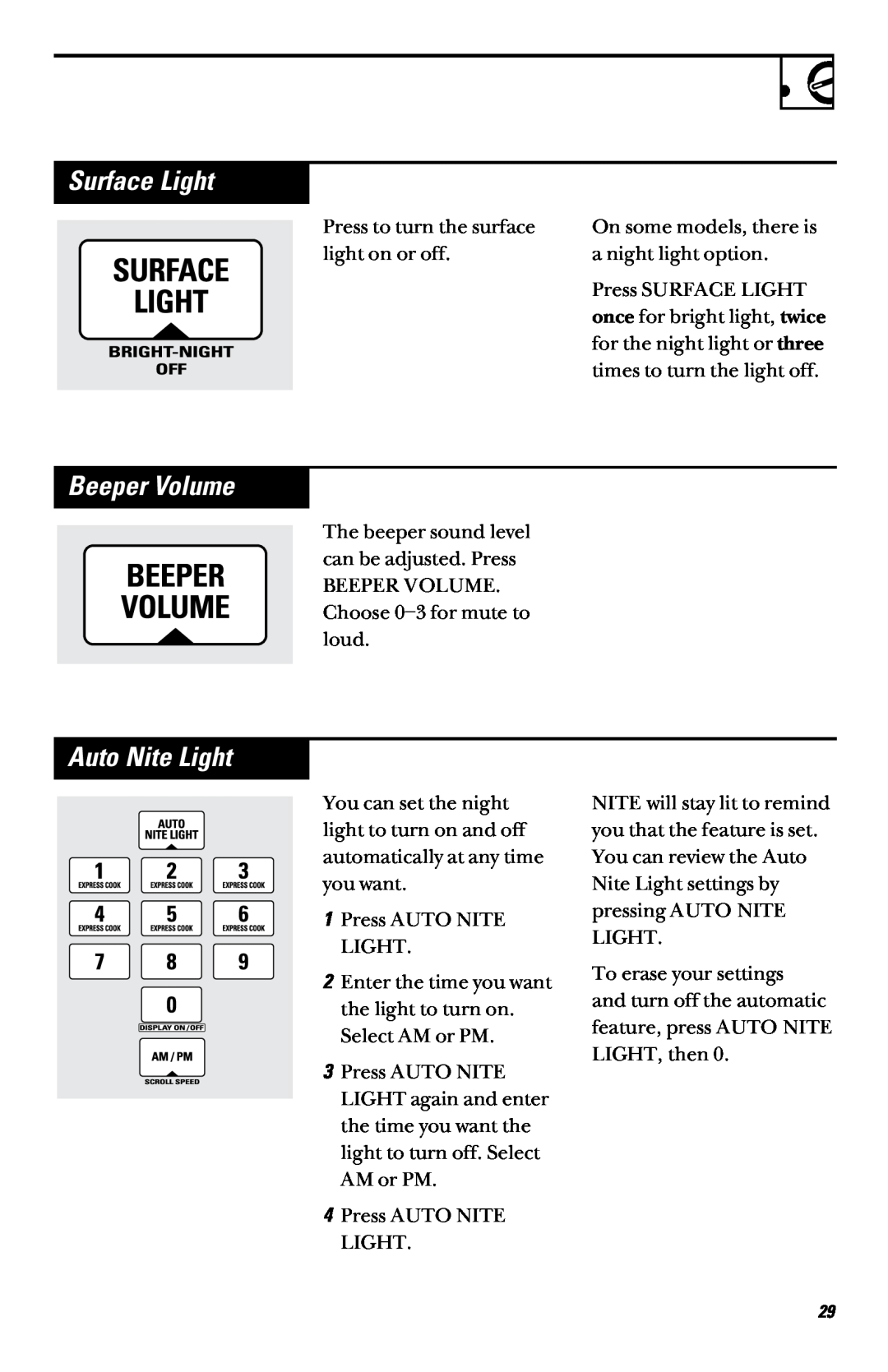 GE JVM1450 2 owner manual Surface Light, Beeper Volume, Auto Nite Light 