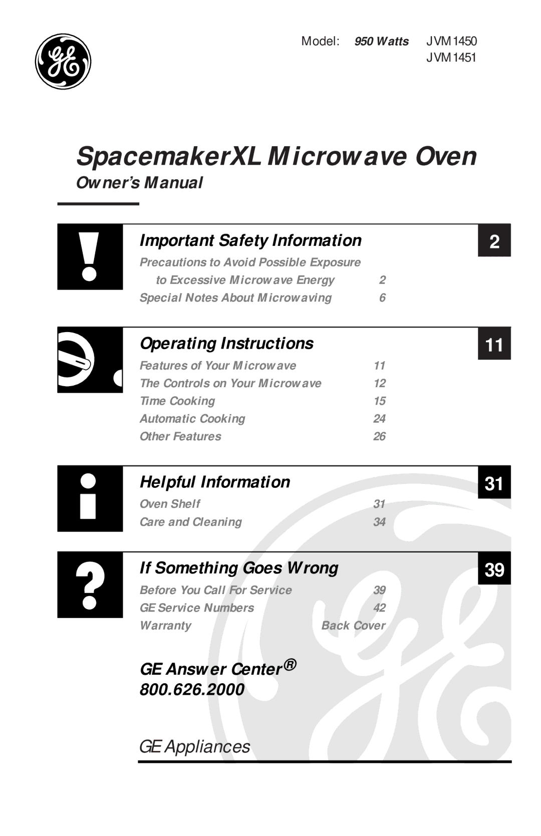 GE JVM1451, JVM1450 owner manual SpacemakerXL Microwave Oven 